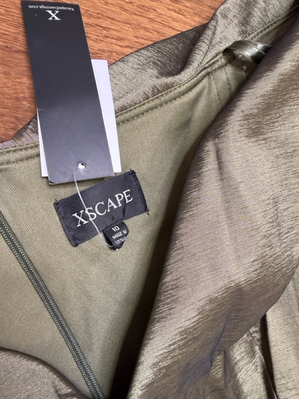 Xscape Olive Green Off-Shoulder Ruffled Satin Gown - Picture 9 of 14